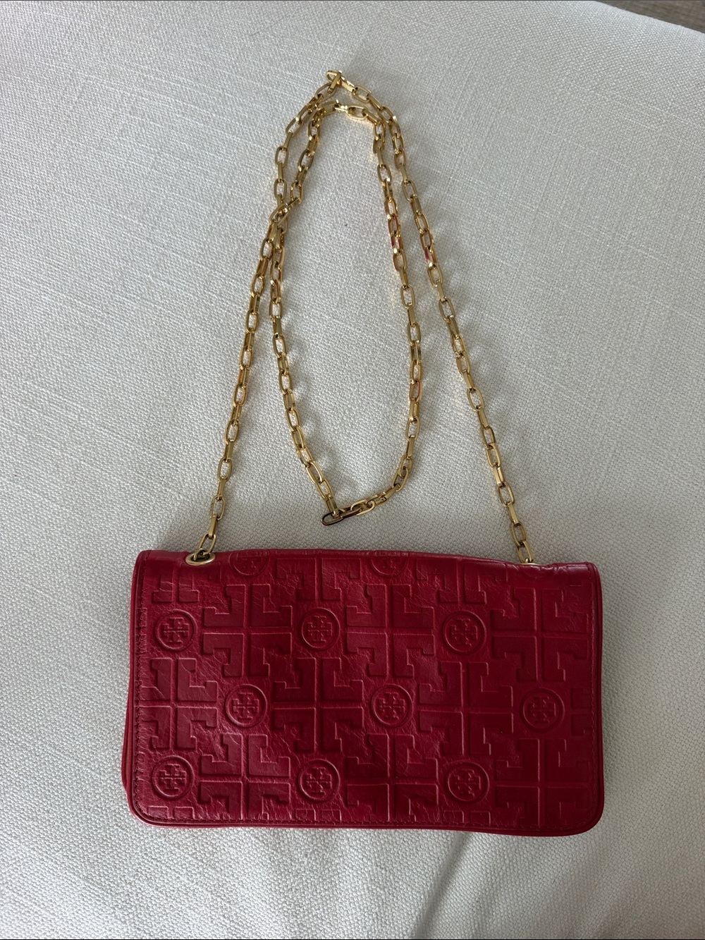 Tory Burch Red Embossed Leather Chain Shoulder Bag
